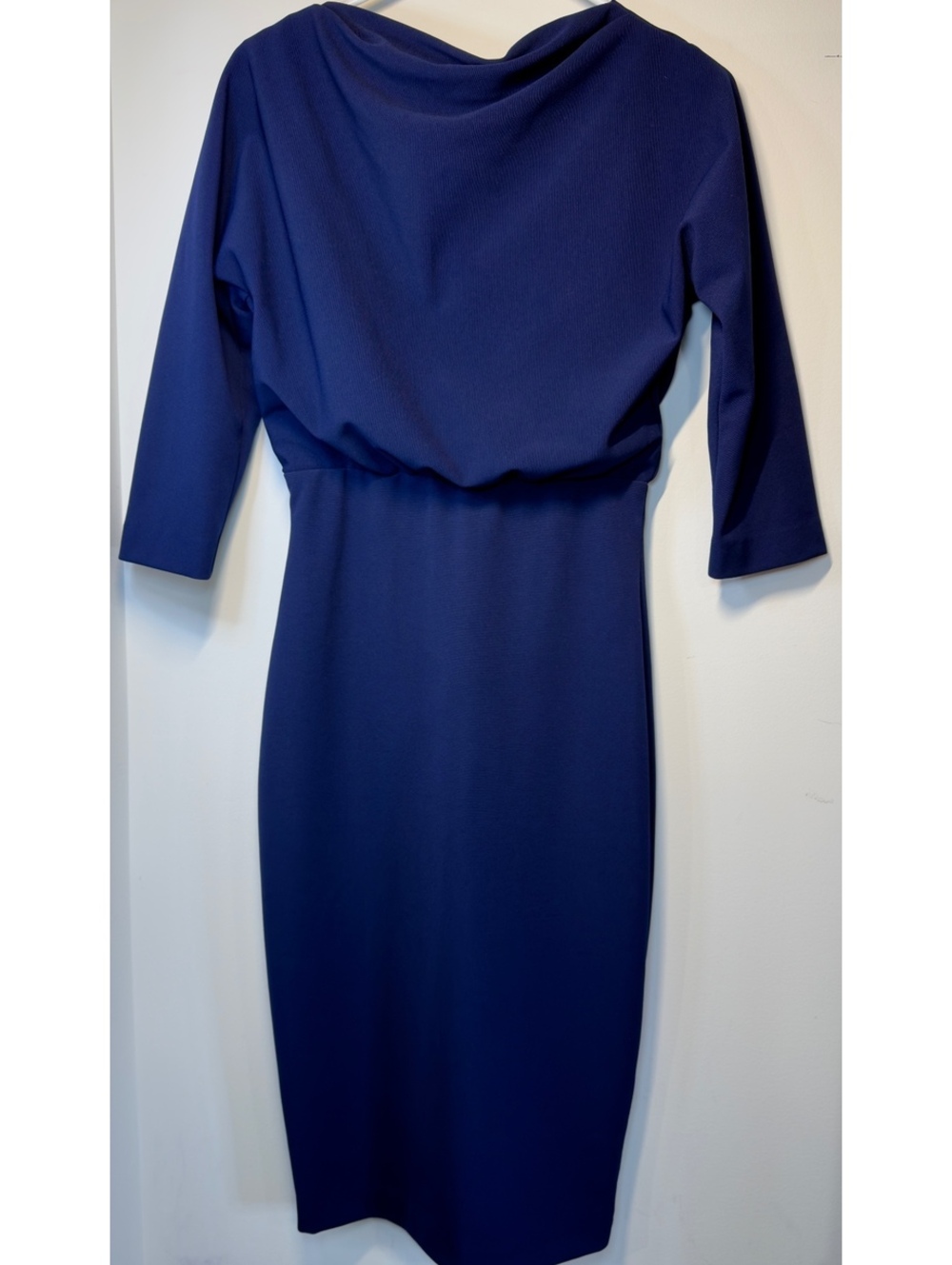 Badgley Mischka Navy blue Bateau Midi Dress 3/4 sleeves pencil waste size S